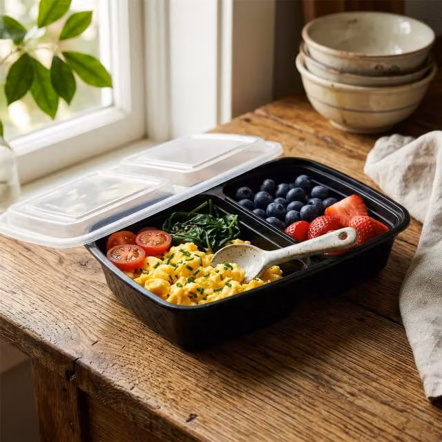 Harbour Housewares Reusable Meal Prep Containers with Snap Lids, 2 Compartments, 800ml, Pack of 10, Black