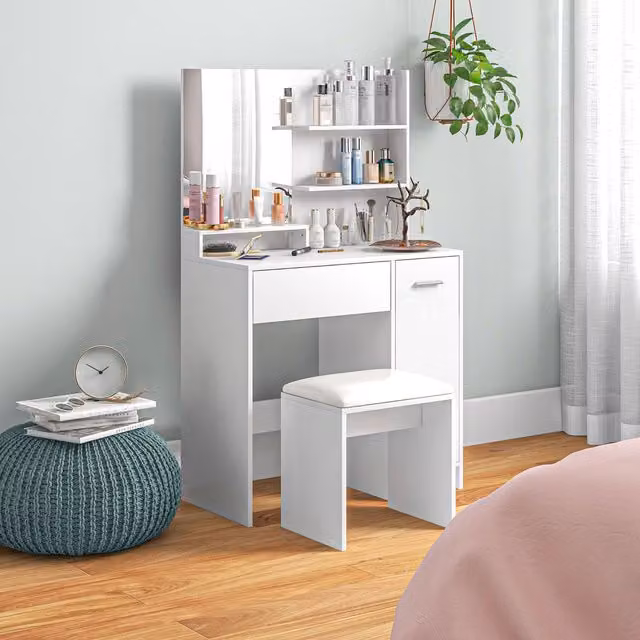 HOMCOM Modern White Dressing Table with Mirror and Stool for your Bedroom – 1