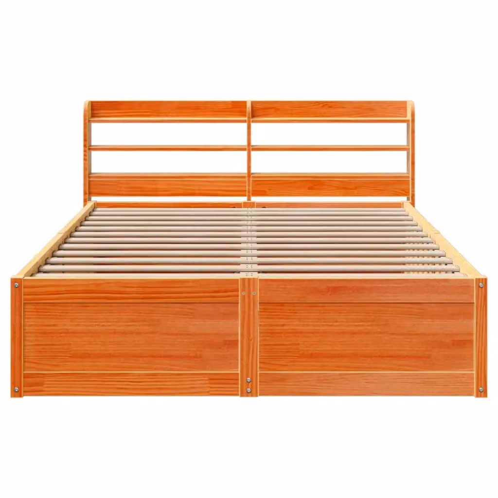 Berkfield Home King Size Solid Wood Pine Bed Frame with Headboard and Side Compartments, Wax Brown, W/D/H: 150 x 200 cm – 3