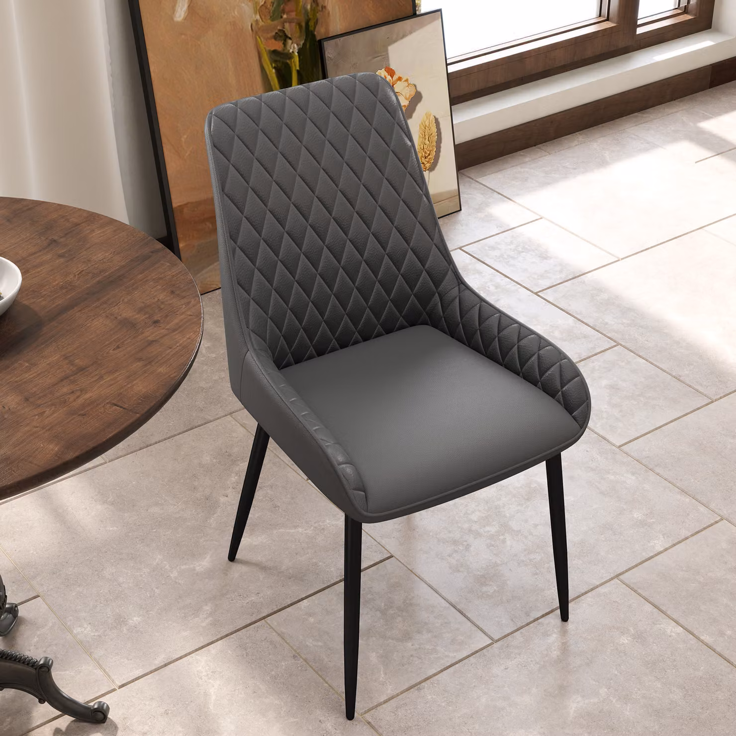 HOMCOM Set of 4 Modern Quilted PU Leather Dining Chairs with Metal Frame in Grey – 7