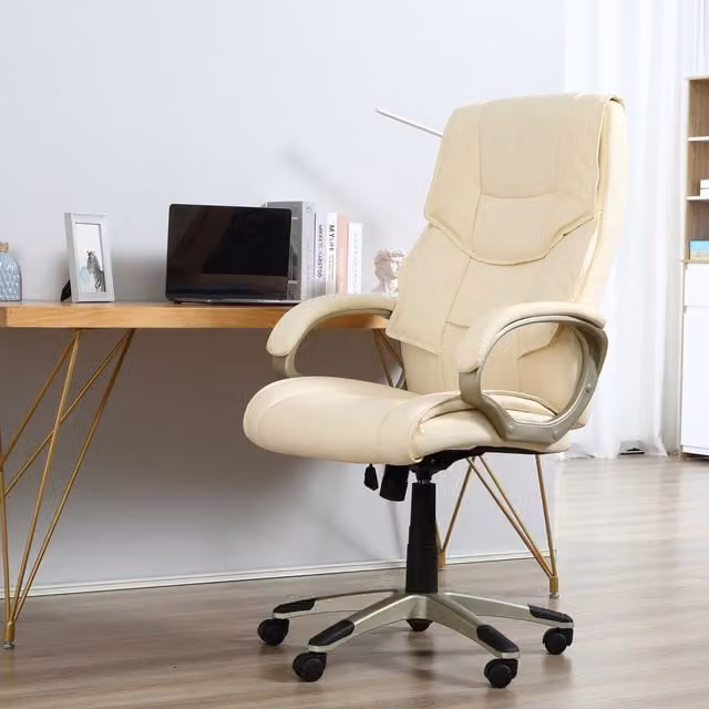 HOMCOM Modern Faux Leather Swivel Task Chair with Headrest and Armrests in Beige and White