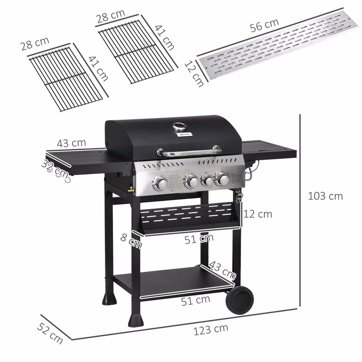 Outsunny Galvanised Steel 3+1 Gas Burner BBQ Grill Trolley with Side Burner and Warming Rack, Black – 3