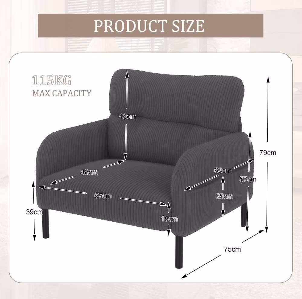 STILVORA Modern Grey Corduroy Single Chair with Side Pockets and Solid Wood Frame – 3