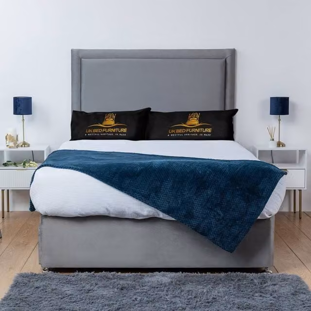 UK Bed Furniture Ascot Grey Fabric Divan Bed Base with 26 Inch Headboard, W/D/H: 140 x 200 x 66.04 cm