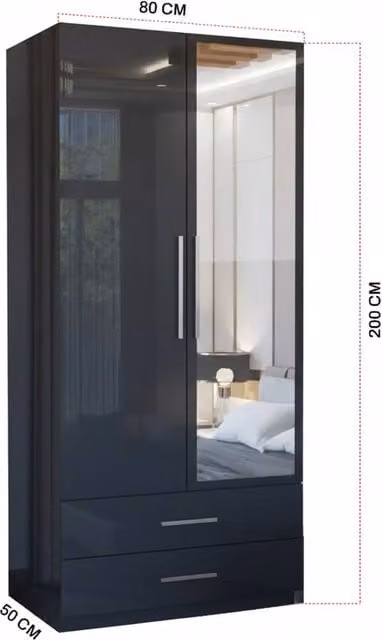 MN Furniture Modern High Gloss Mirrored Wardrobe with Drawers in Black, W/D/H: 80 x 50 x 200 cm – 1