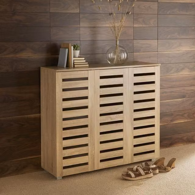 Home Source Oslo 3 Door Shoe Storage Cabinet Unit in Oak