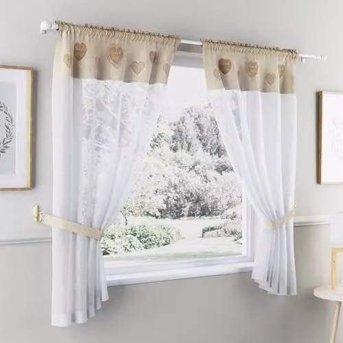 Tyrone Textiles Sweetheart Embroidered Heart Kitchen Window Curtain Pair with Matching Tie Backs in Beige, W: 140 cm, H: 91 cm