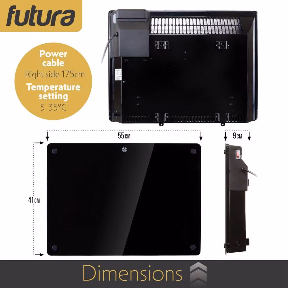 Futura 1000W WiFi Glass Electric Panel Heater, Black, Wall Mounted or Freestanding – 5