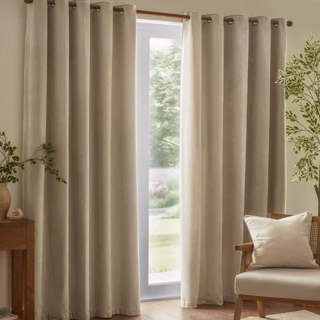 Make It A Home Heavy Chenille Velvet Eyelet Curtains in Beige Yellow, Height: 229 cm