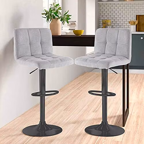 Neo Set of 2 Fabric Cuban Swivel Bar Stools with Matt Black Metal Legs, Grey – 2