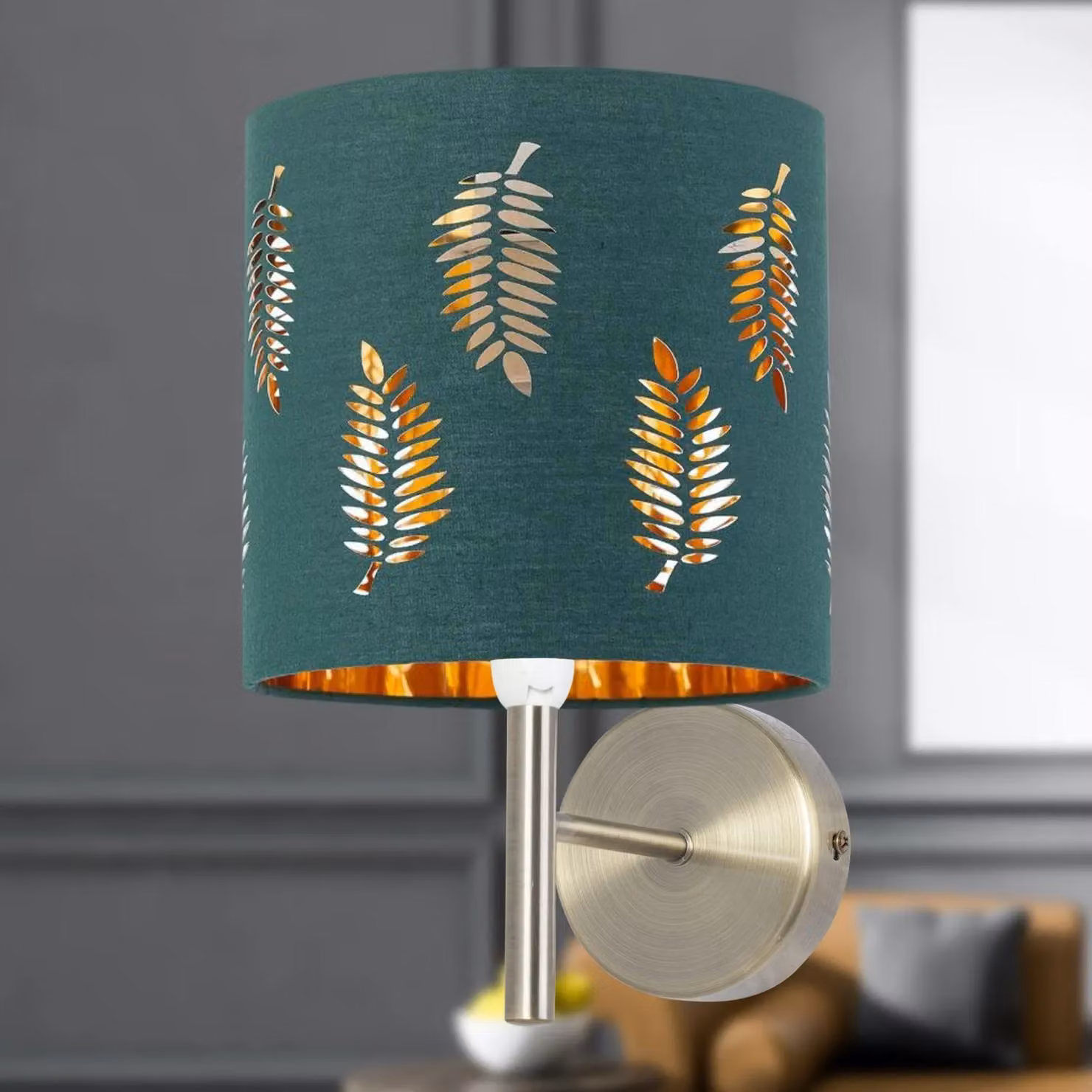 First Choice Lighting Brea Antique Brass Wall Light with Green Fabric Shade – 3