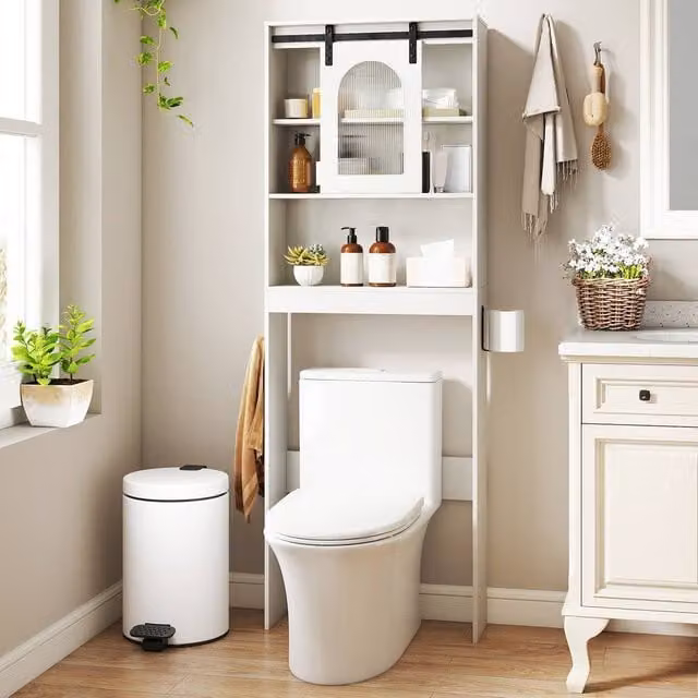 Costway White Over Toilet Storage Cabinet with Sliding Doors and Internal Shelves