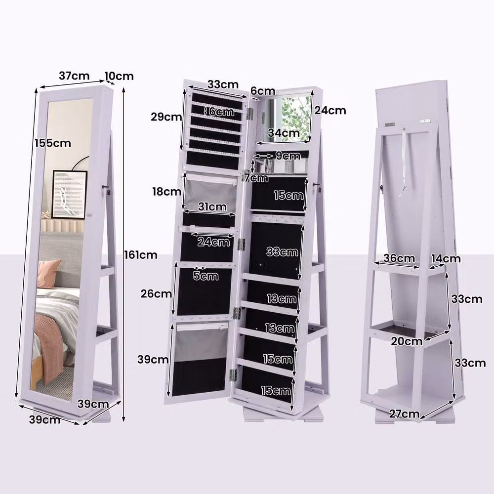 Gymax 3-in-1 Jewellery Mirror Cabinet with 360 Degree Swivel and Lock, Purple – 2