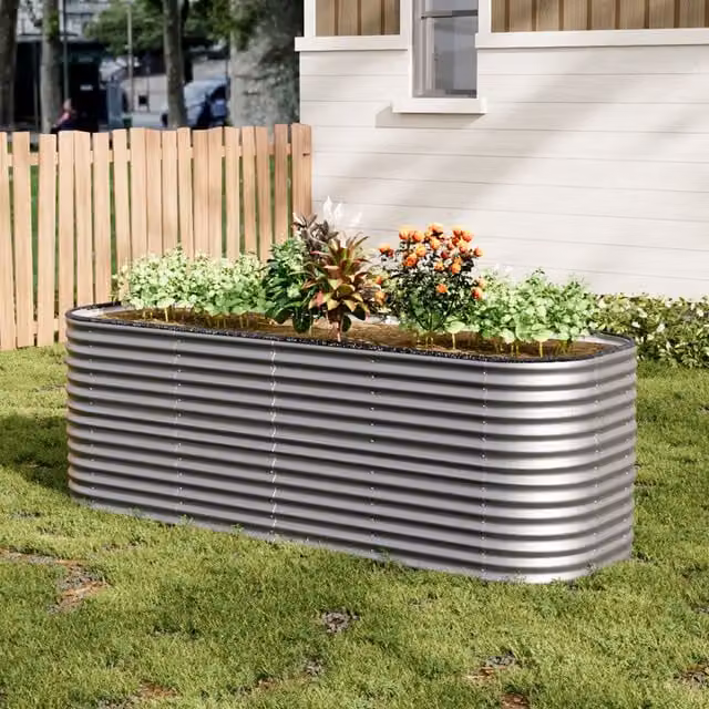 Lifeideas Silver Oval Metal Raised Flower Bed W: 240 cm, D: 80 cm, H: 80 cm