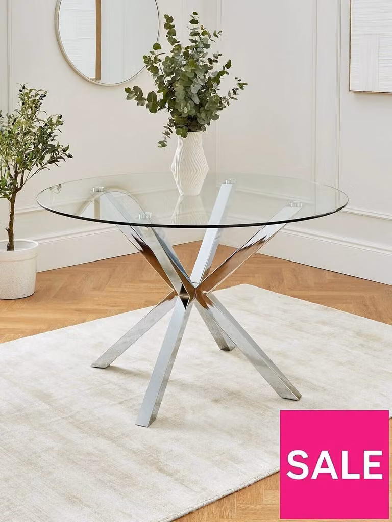 Very Home Chopstick Round Glass Dining Table, Silver and Transparent, Diameter: 120 cm, Height: 75 cm