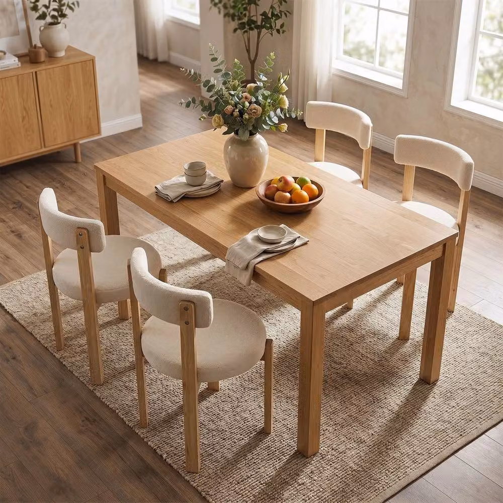 NESTLUNE Set of 2 Modern Dining Chairs with Curved Backrest in Beige Bouclé Fabric and Rubberwood Legs – 3
