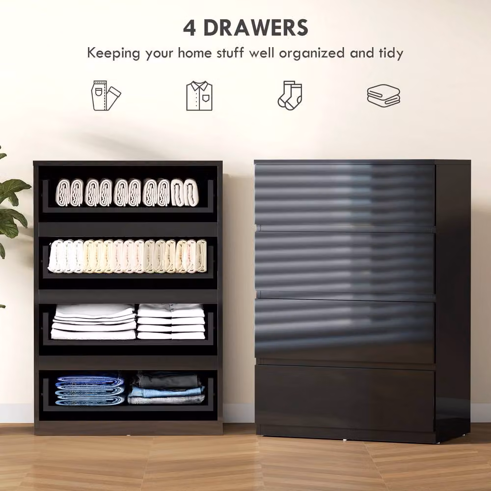 STILVORA Modern Glossy Black Chest of Drawers with 4 Soft-Close Drawers – 5