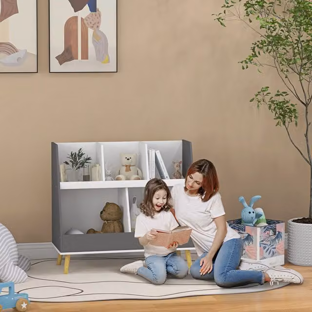 HOMCOM Kids Storage Shelf with 5 Compartments and Anti-Tip Device, Grey