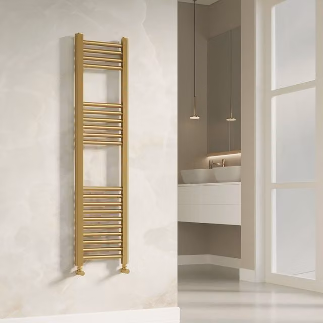 Banyetti Aureli Brushed Brass Ladder Towel Rail Radiator in Gold, W: 1200 mm, D: 120 mm, H: 300 mm