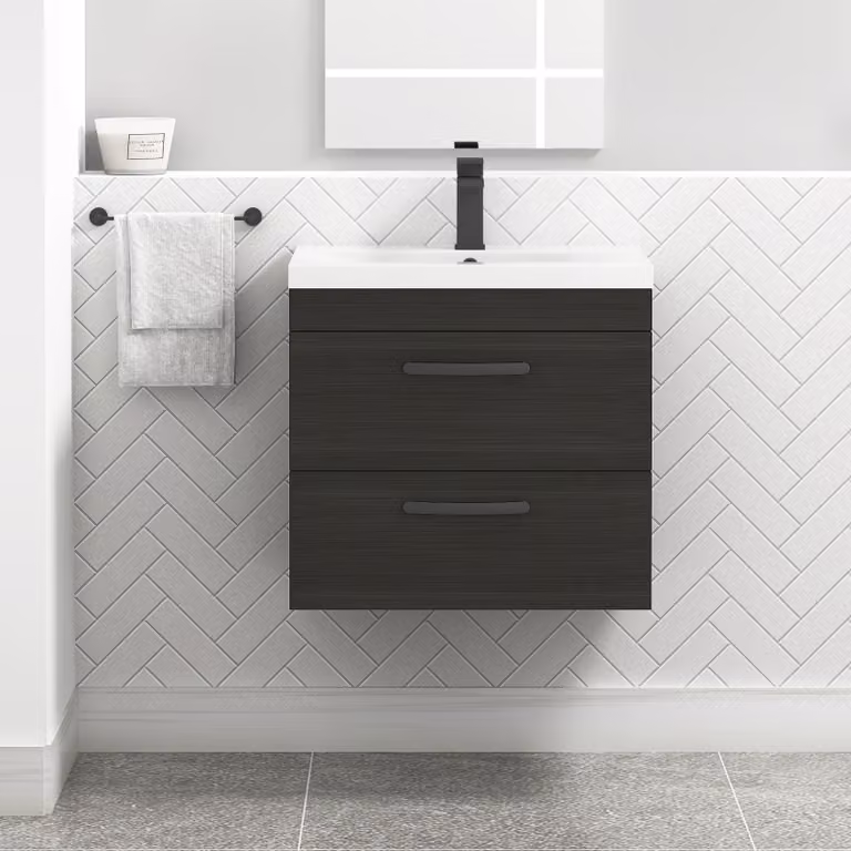 Royal Bathrooms Turin 600mm Wall Hung Vanity Unit in Charcoal Oak with 2 Drawers and Matt Black Handles