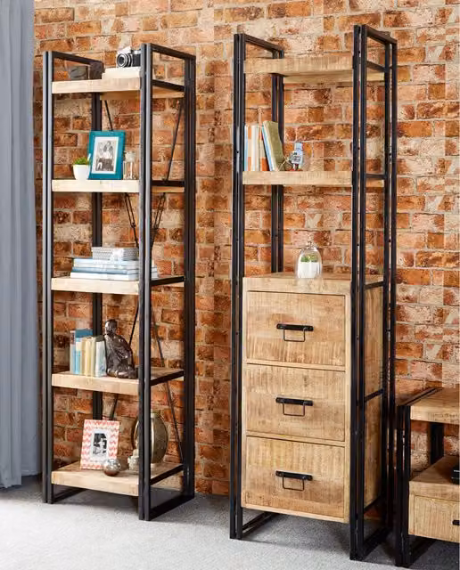 Worcester Metro Industrial Slim Bookcase in Brown Mango Wood and Metal
