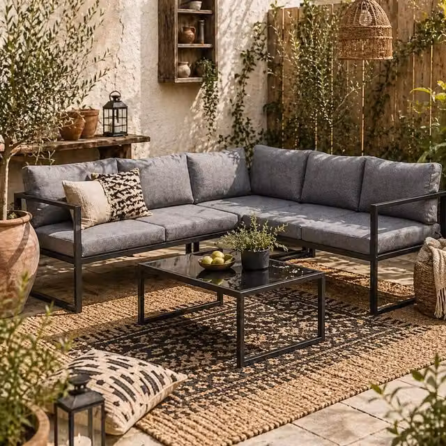 Wyld Haus Liketti 5 Seater L Shaped Garden Sofa Set with Cushions and Tempered Glass in Grey