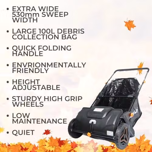 Lazy Tools Black Garden Leaf Sweeper with 100L Collection Bag and 530mm Sweep Width – 4