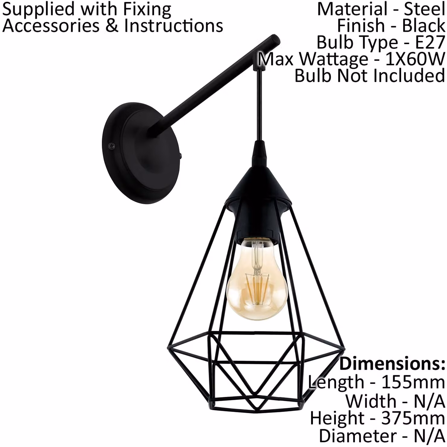 Loops Black Metal Wire Cage Lighting Set Including Ceiling Spot Light and 2x Matching Wall Lights – 1