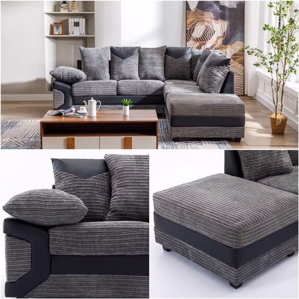 SquareBoxx Luca Grey Jumbo Cord Corner Sofa with Right Chaise and Black Leather Trim – 2