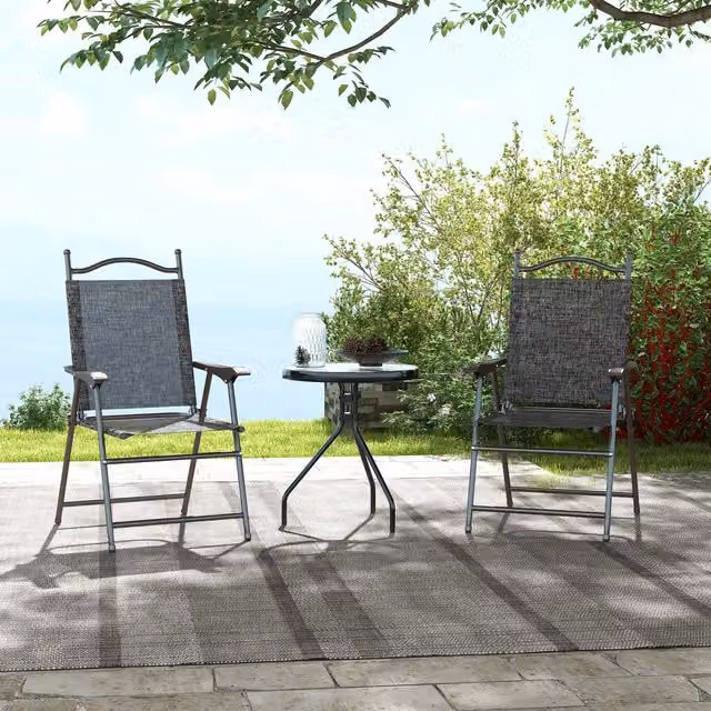Outsunny Set of 2 Folding Chairs with Armrests and Breathable Mesh Seats in Grey