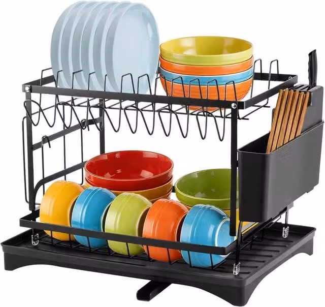 EONLION 2 Tier Black Metal Dish Drainer Rack with Cup and Cutlery Holder, Width: 100 cm – 1
