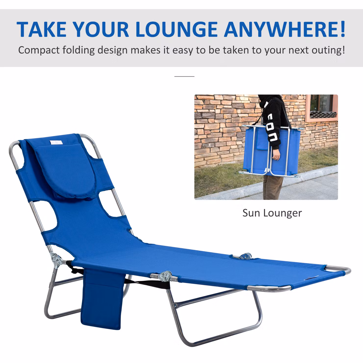 Outsunny 2 Piece Foldable Sun Lounger Set in Blue with Reading Hole and 5 Level Adjustable Backrest – 6