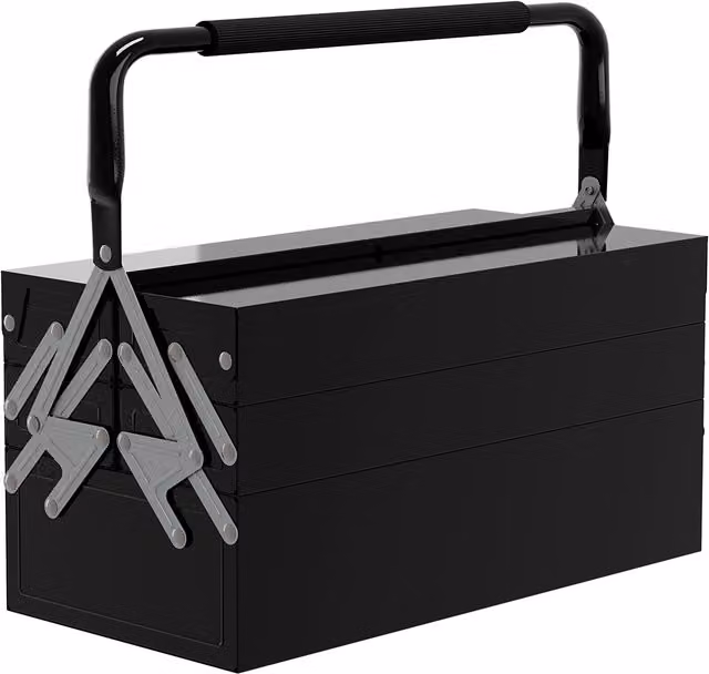 DURHAND Professional 3 Tier Metal Toolbox with 5 Trays and Handle, Black, W: 45.0 cm, D: 22.5 cm, H: 34.5 cm