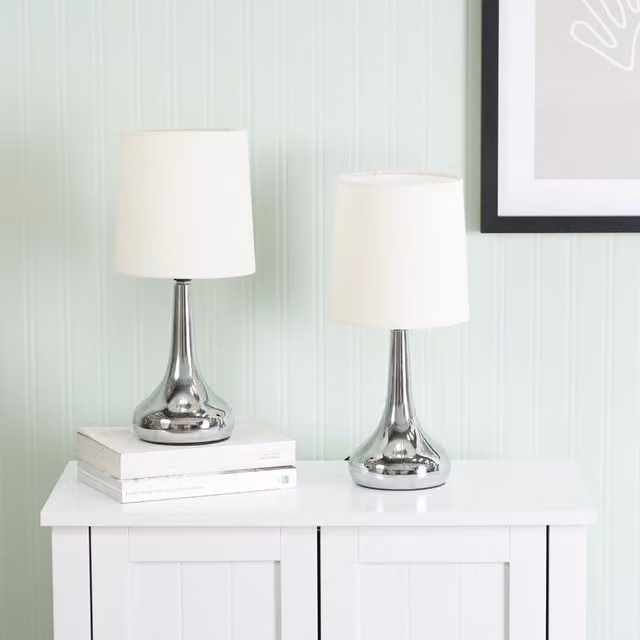 ValueLights Pair of Chrome Teardrop Touch Table Lamps with Fabric Shades and LED Bulbs