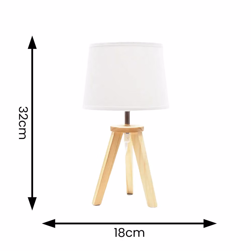ValueLights Pair of Natural Wood Tripod Table Lamps with White Fabric Shades and Warm White LED Bulbs – 2