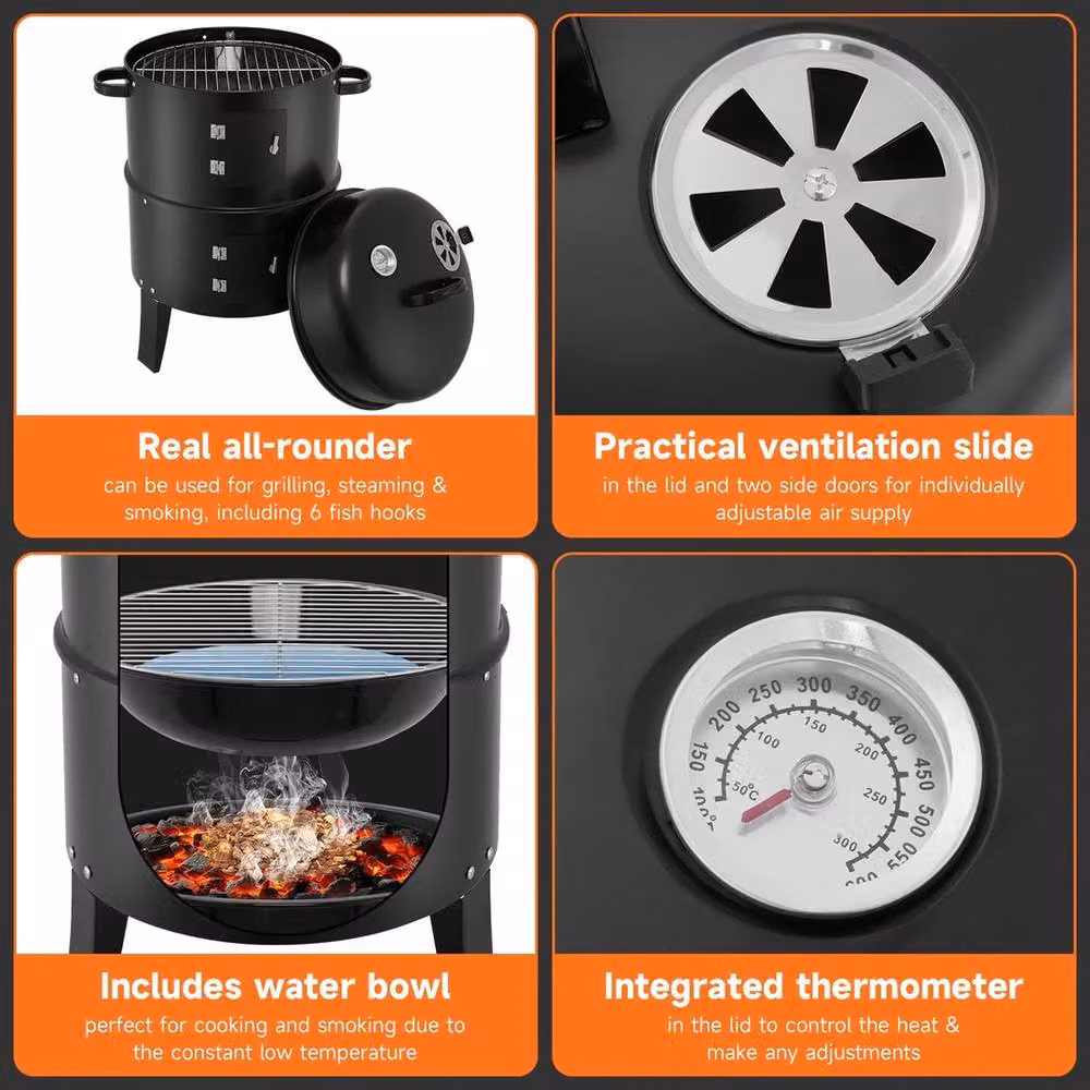 KORVIXA 32 inch 3-in-1 Charcoal Smoker BBQ Grill and Vertical Outdoor Cooker in Black – 5