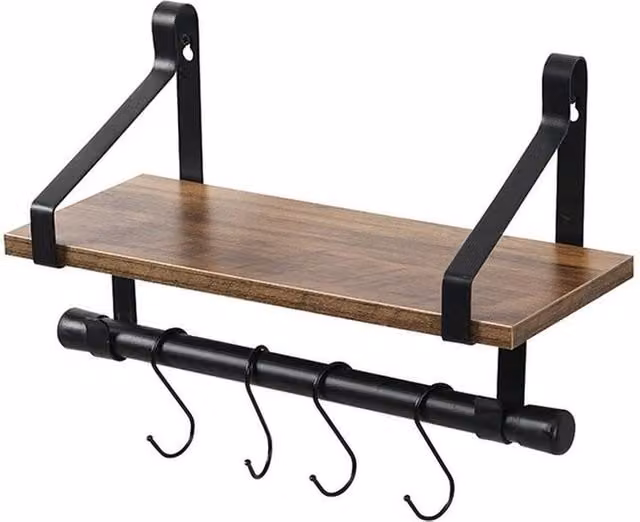Kelvenix 1 Tier Floating Wall Mounted Shelf with Black Metal Frame and Brown Wood Finish – 1