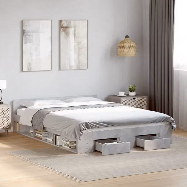 Berkfield Home Modern Bed Frame with Drawers in Concrete Grey, W/D/H: 140 x 200 cm – 1