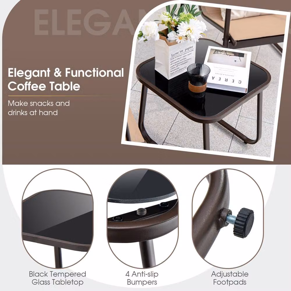 Gymax 3 Piece Brown Metal Patio Conversation Set with Tempered Glass Table and Textilene Armchairs – 6