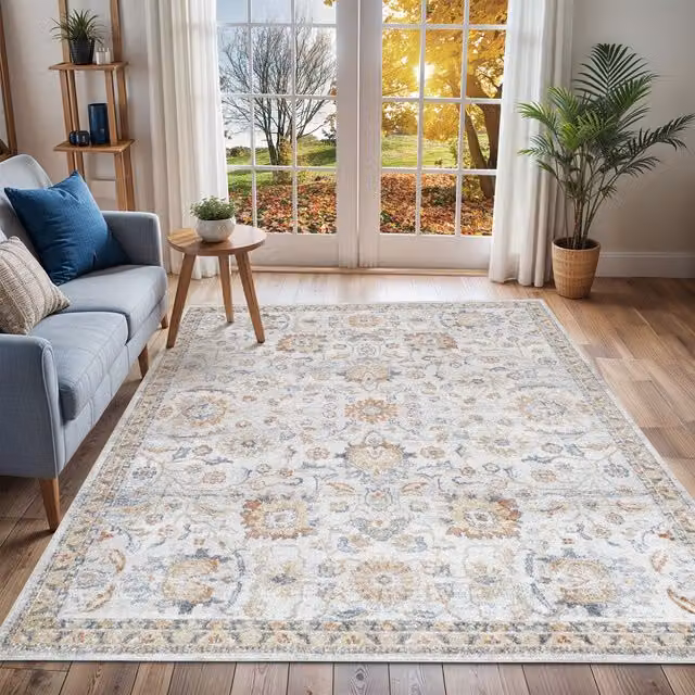 Livabliss Lilian Washable Vintage Boho Living and Dining Room Rug in Yellow and Grey, W: 200 cm, D: 275 cm