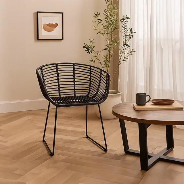Orsina Modern Black Matt Polyrattan Armchair for Dining Room, Living Room or Garden, W/D/H: 61 x 73 x 61 cm