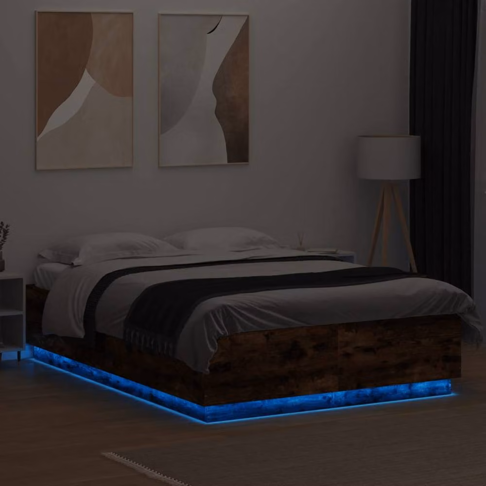 Berkfield Home Durable Small Double Bed Frame with LED Under-Bed Lighting in Smoked Oak Brown, W/D/H: 120 x 200 x 40 cm – 4
