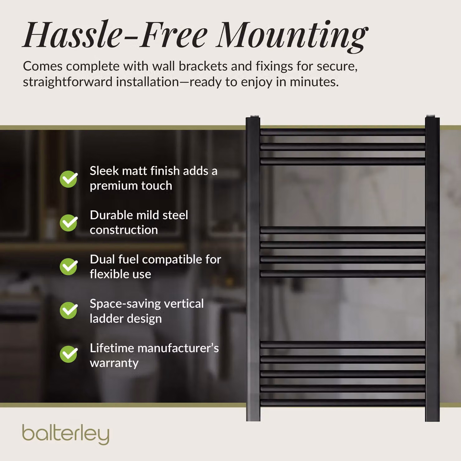 Balterley Straight Heated Towel Rail Radiator, Matt Black, W/H: 60 x 80 cm – 3