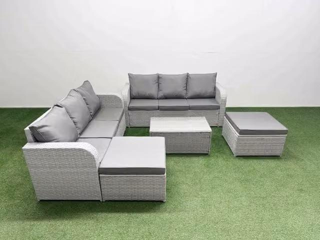 Fimous 8 Seater Grey Rattan Garden Furniture Set with High Back Lounge Sofa, Rectangular Coffee Table and 2 Ottomans