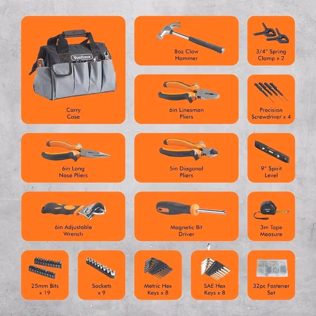 VonHaus 92-Piece Tool Set with Heavy Duty Bag in Black and Grey