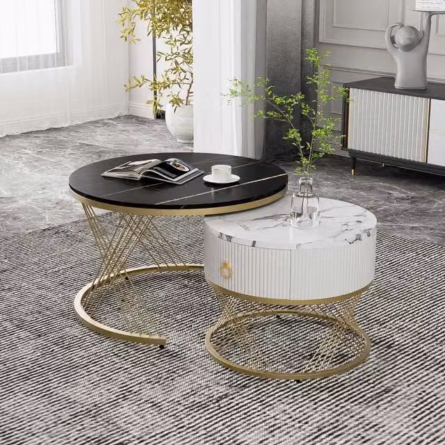 Aosom.UK Elegant Nesting Coffee Table Set with Marble Look and Gold Decor in Black, W/D/H: 70 x 70 x 45 cm and 50 x 50 x 40 cm