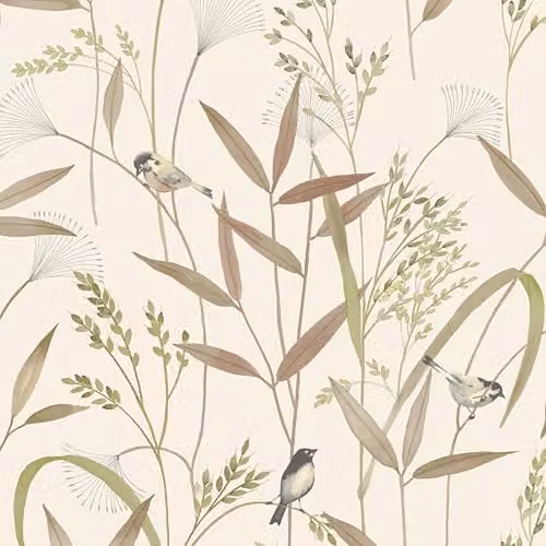 Grandeco Azuria Birds and Grasses Textured Botanical Wallpaper in Beige