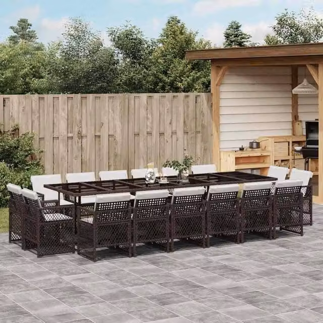 Berkfield Home 17 Piece Brown Poly Rattan Garden Dining Set with Cushions
