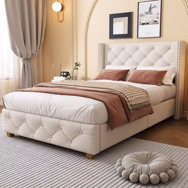 Matteo Beige Linen Upholstered Single Bed with Button Tufted Headboard W/D/H: 90 x 190 cm
