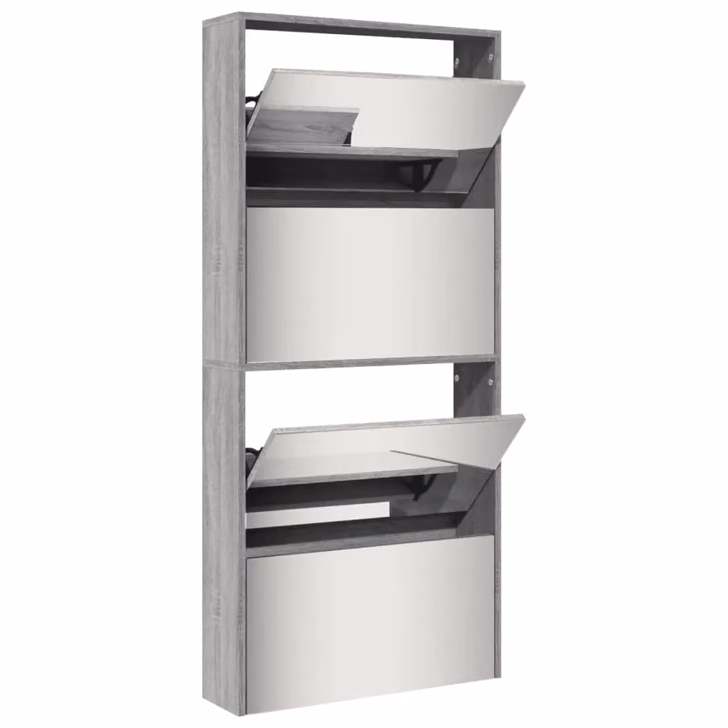 Berkfield Home Modern Grey Shoe Cabinet with Mirror and Tilting Compartments, W: 63 cm, D: 17 cm, H: 134 cm – 2